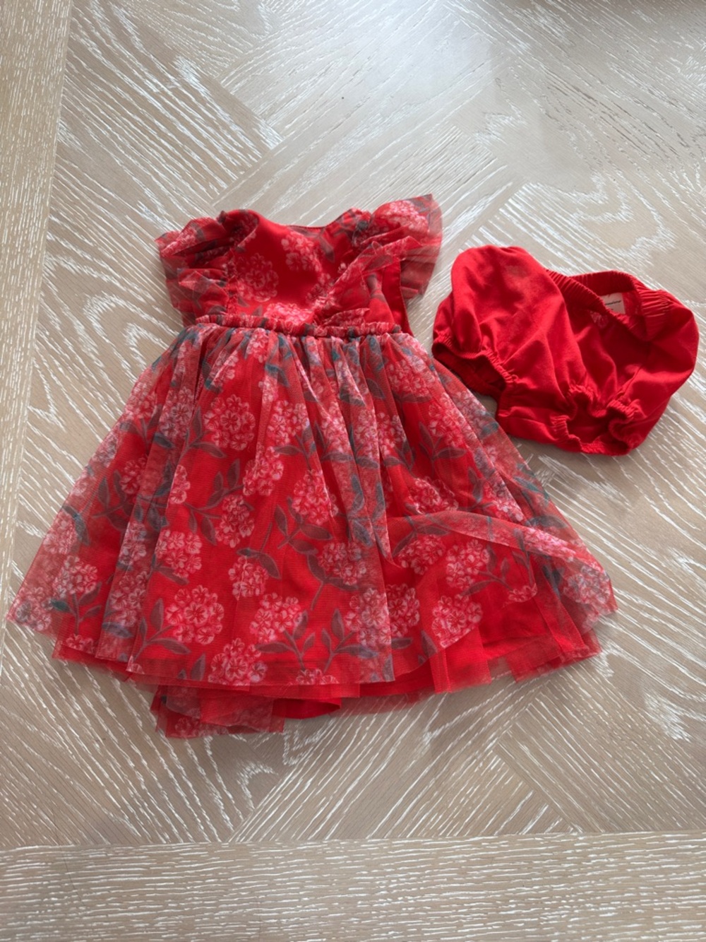 First Impressions Red Floral Tulle Party Dress with Matching Bloomers